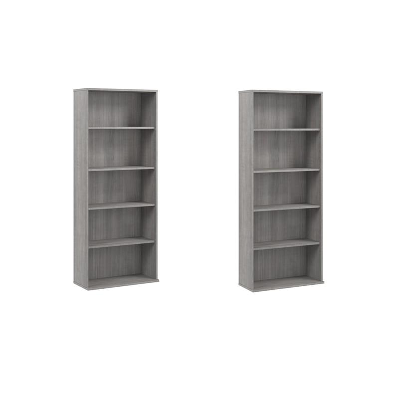 Pemberly Row Set of 2 Tall 5-Shelf Bookcases in Platinum Gray - Engineered Wood
