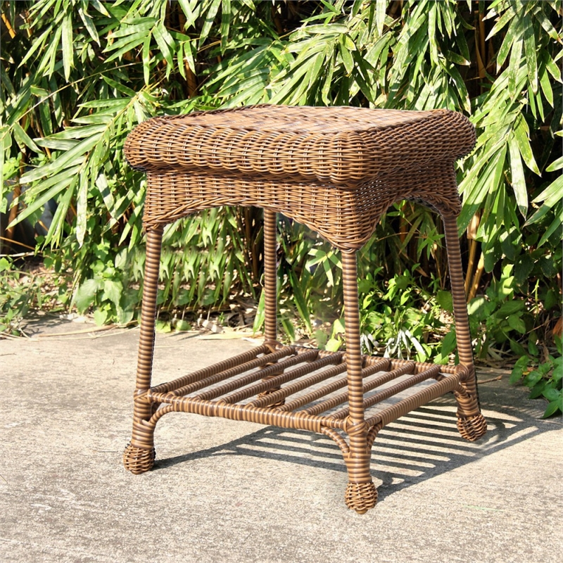 Pemberly Row Set of 2 Contemporary Wicker Patio End Tables in Honey
