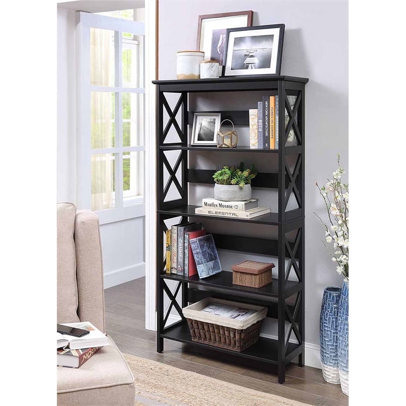 Pemberly Row Set of 2 5-Shelf Bookcases in Glossy Black Wood