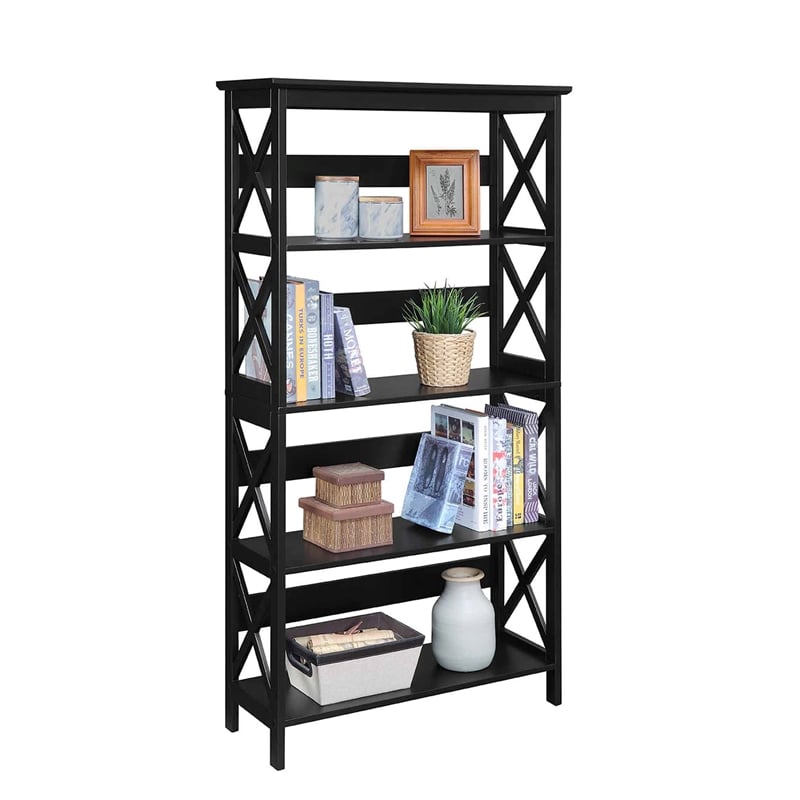 Pemberly Row Set of 2 5-Shelf Bookcases in Glossy Black Wood