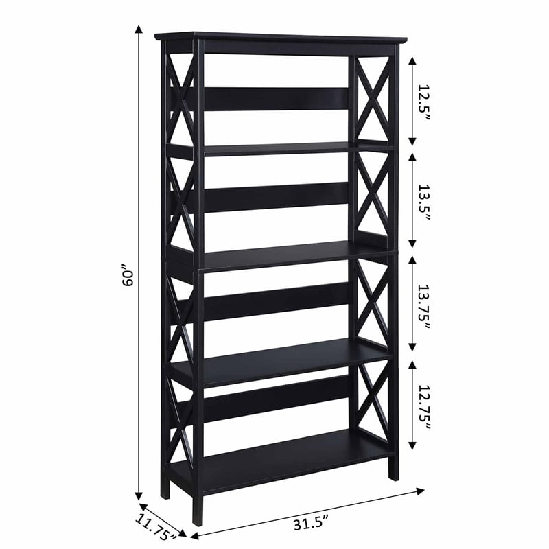 Pemberly Row Set of 2 5-Shelf Bookcases in Glossy Black Wood