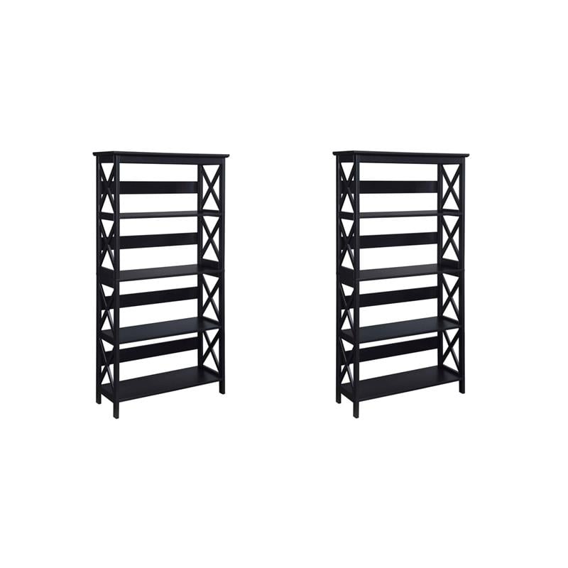 Pemberly Row Set of 2 5-Shelf Bookcases in Glossy Black Wood