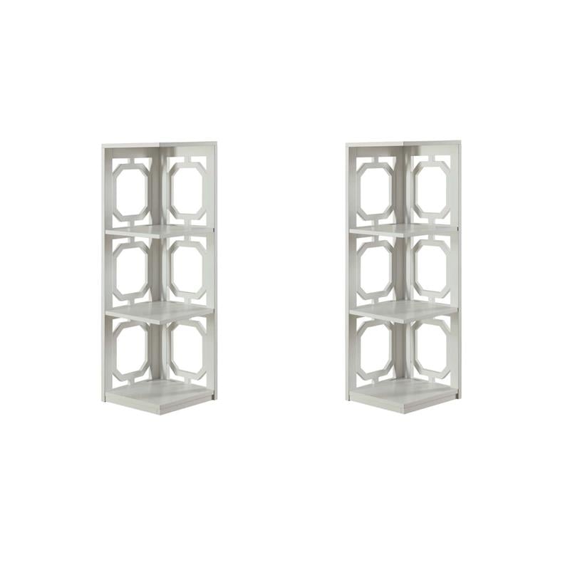 Pemberly Row Set of 2 Three-Shelf Corner Bookcases in White Wood