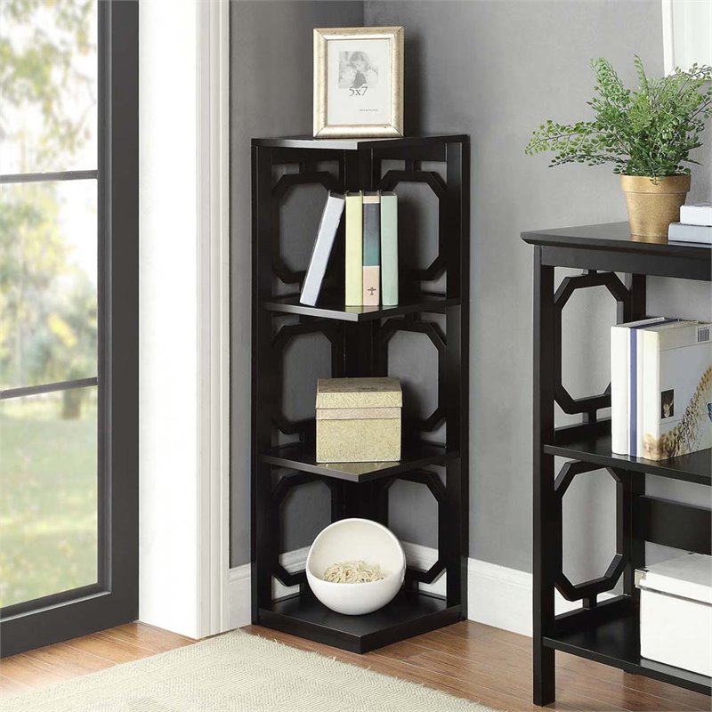 Pemberly Row Set of 2 Three-Shelf Corner Bookcases in Black Wood