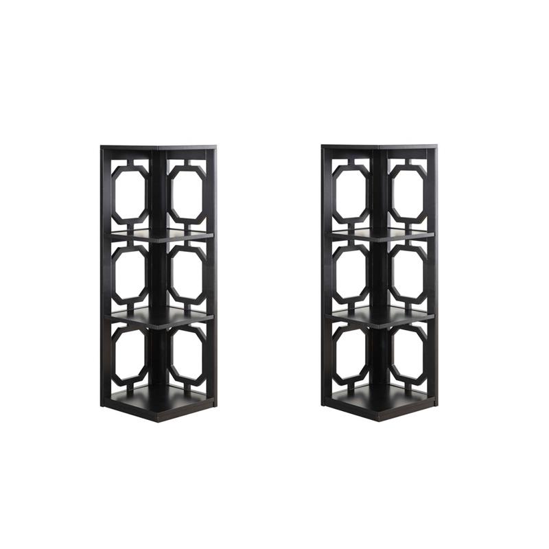 Pemberly Row Set of 2 Three-Shelf Corner Bookcases in Black Wood