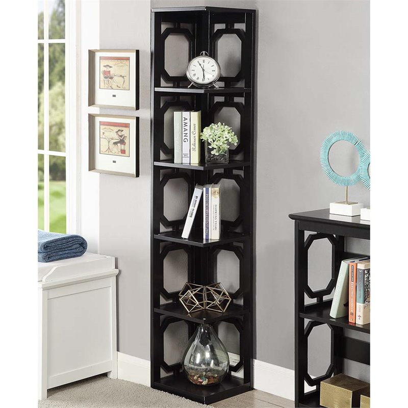 Pemberly Row Set of 2 Five-Shelf Corner Bookcases in Black Wood