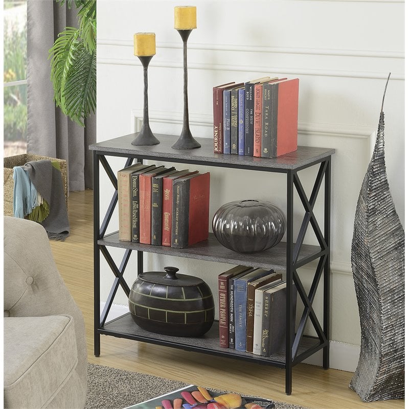 Pemberly Row Set of 2 Three-Tier Bookcases in Weathered Gray Wood