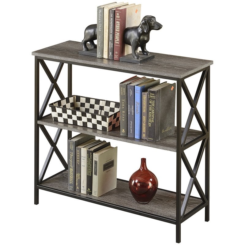 Pemberly Row Set of 2 Three-Tier Bookcases in Weathered Gray Wood