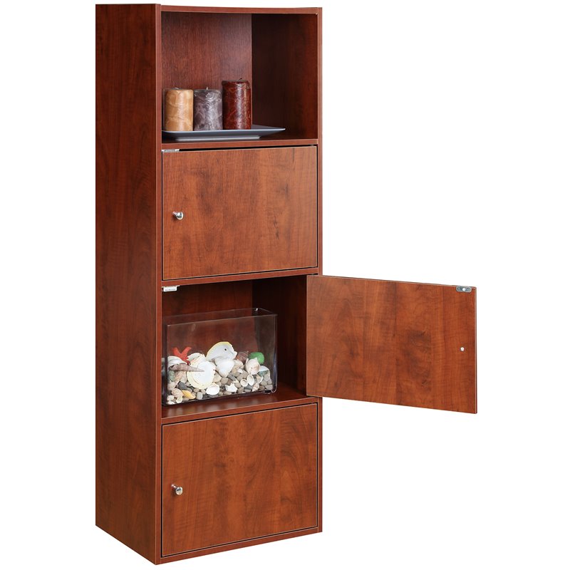 Pemberly Row Set of 2 Contemporary Three-Door Bookcases in Cherry Wood