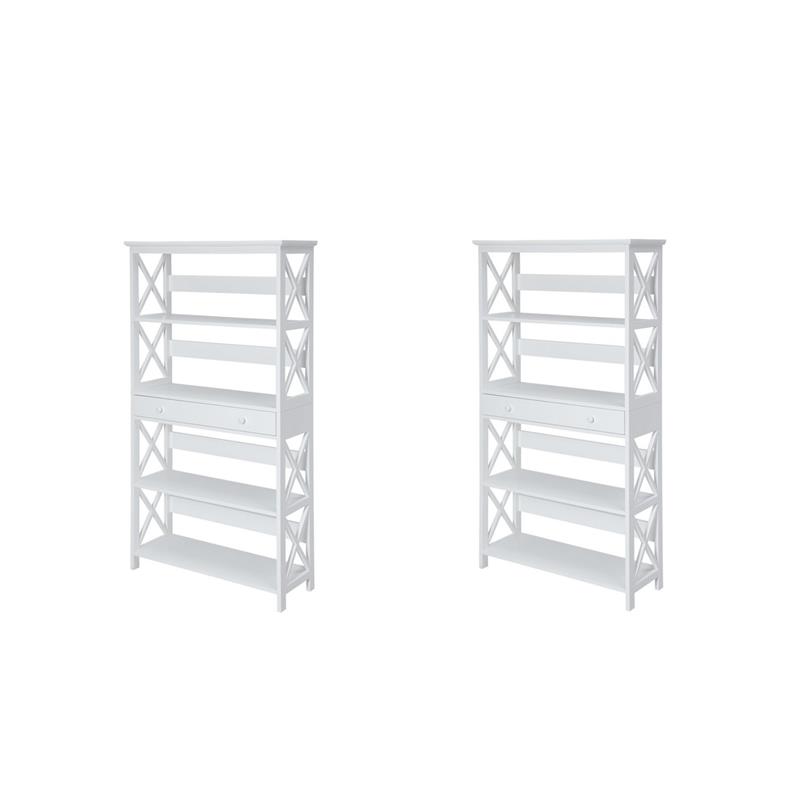 Pemberly Row Set of 2 Five-Tier Bookcases with Drawer in White Wood