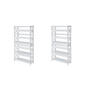 Pemberly Row Set of 2 Five-Tier Bookcases with Drawer in White Wood
