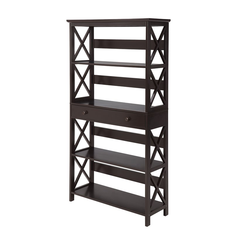 Pemberly Row Set of 2 Five-Tier Bookcases with Drawer in Espresso Wood