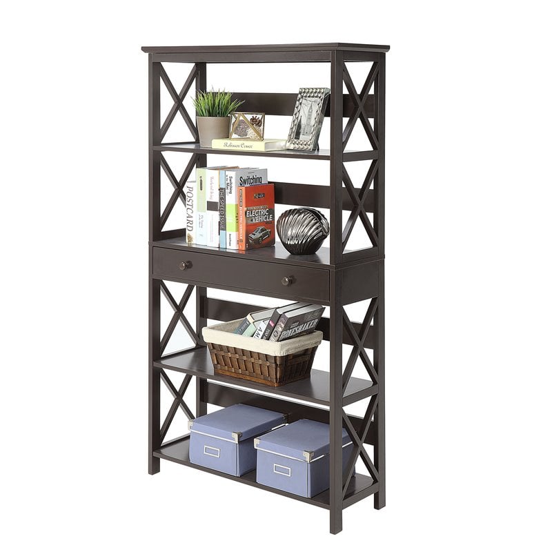 Pemberly Row Set of 2 Five-Tier Bookcases with Drawer in Espresso Wood