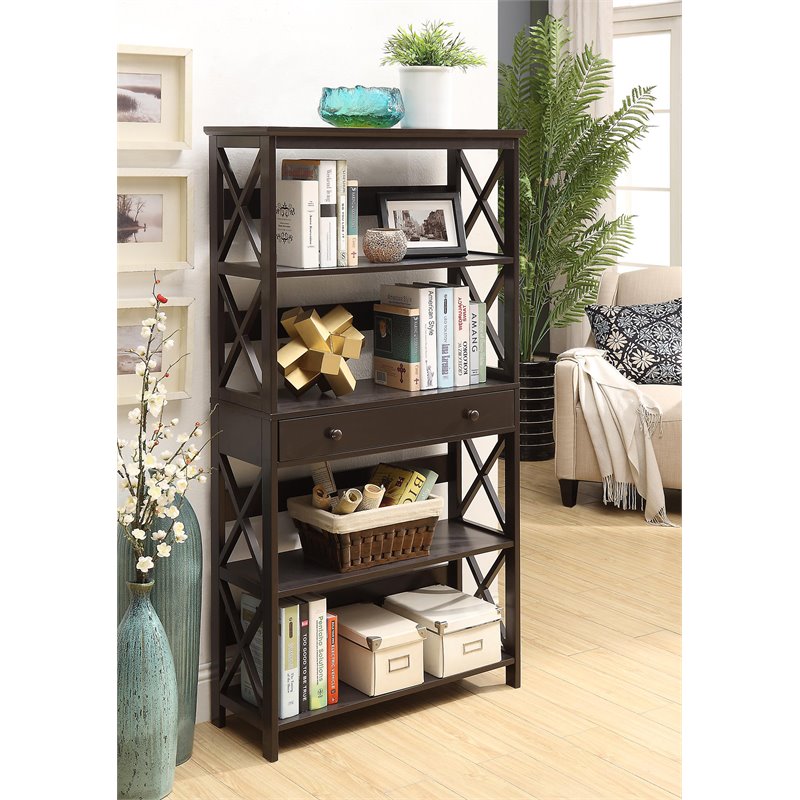 Pemberly Row Set of 2 Five-Tier Bookcases with Drawer in Espresso Wood