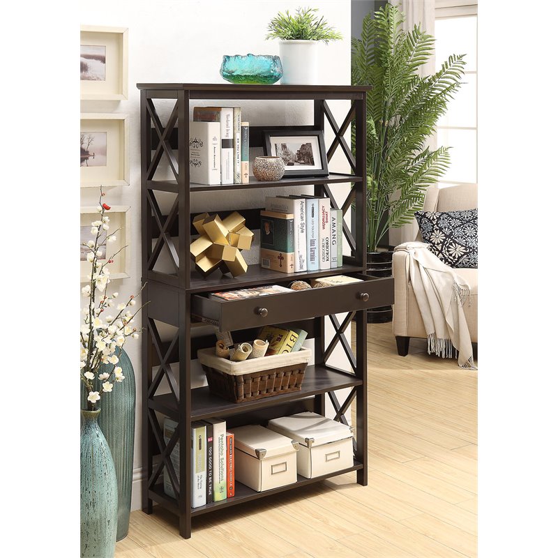 Pemberly Row Set of 2 Five-Tier Bookcases with Drawer in Espresso Wood