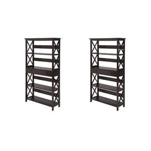 Pemberly Row Set of 2 Five-Tier Bookcases with Drawer in Espresso Wood
