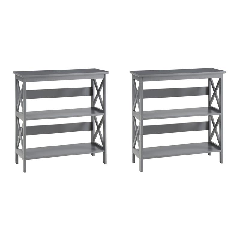 Pemberly Row Set of 2 Contemporary Three-Tier Bookcases in Gray Wood