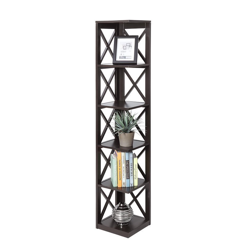 Pemberly Row Set of 2 Five-Tier Corner Bookcases in Espresso Wood