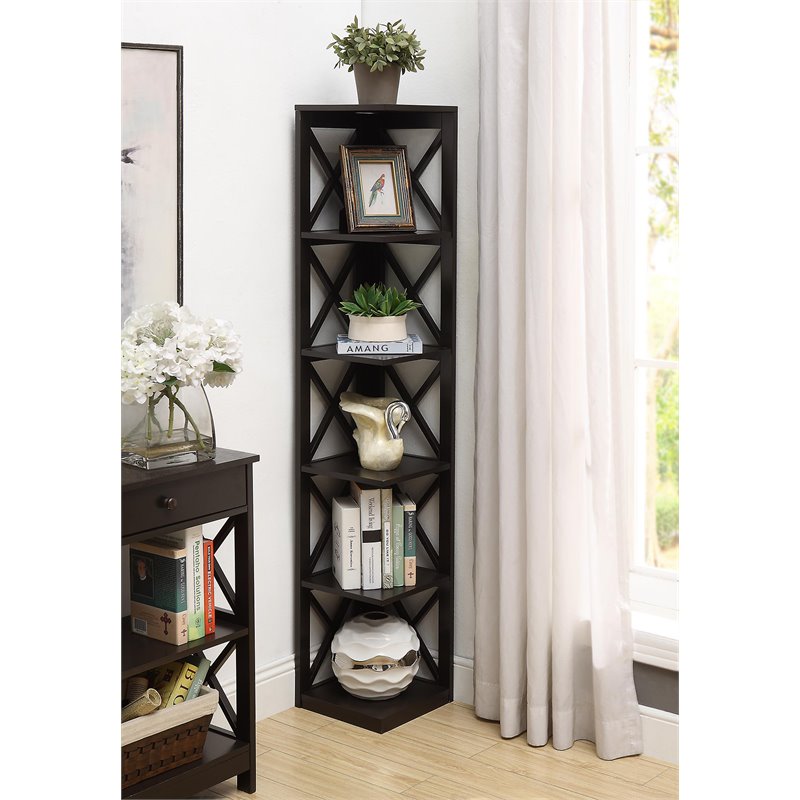Pemberly Row Set of 2 Five-Tier Corner Bookcases in Espresso Wood