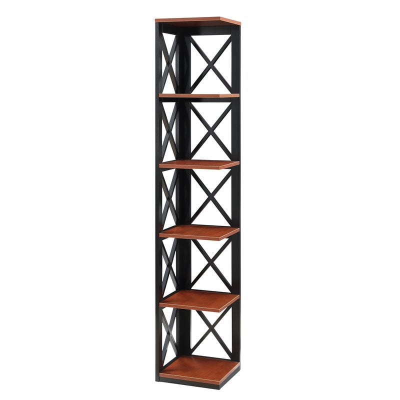 Pemberly Row Set of 2 Five-Tier Corner Bookcases in Cherry and Black Wood