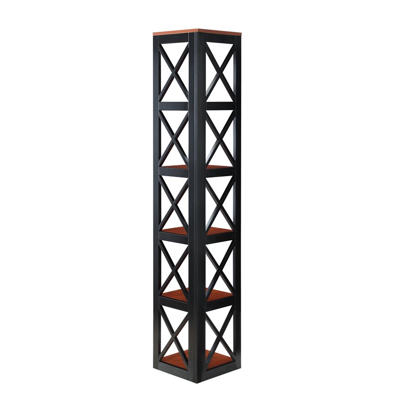 Pemberly Row Set of 2 Five-Tier Corner Bookcases in Cherry and Black Wood