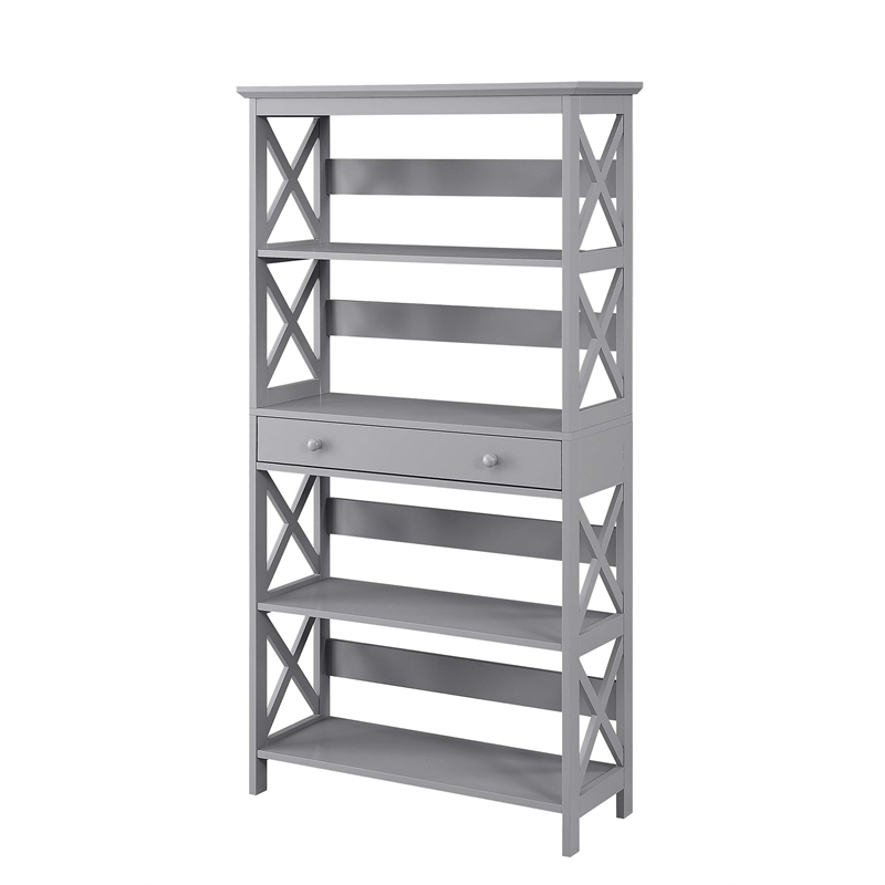 Pemberly Row Set of 2 Five-Tier Bookcases with Drawer in Gray Wood