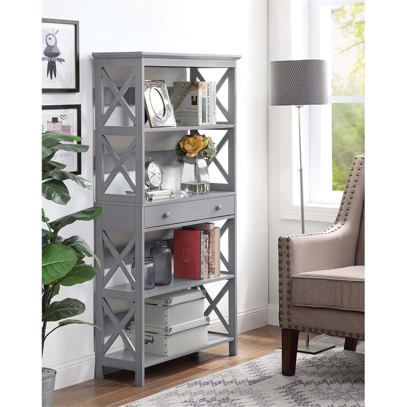 Pemberly Row Set of 2 Five-Tier Bookcases with Drawer in Gray Wood