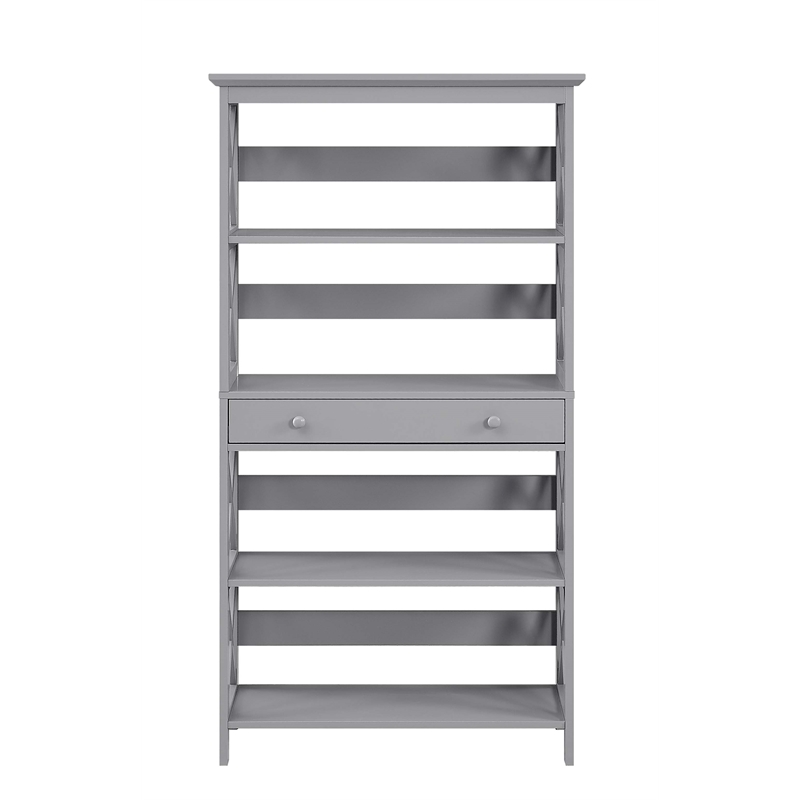 Pemberly Row Set of 2 Five-Tier Bookcases with Drawer in Gray Wood