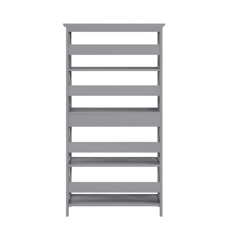 Pemberly Row Set of 2 Five-Tier Bookcases with Drawer in Gray Wood