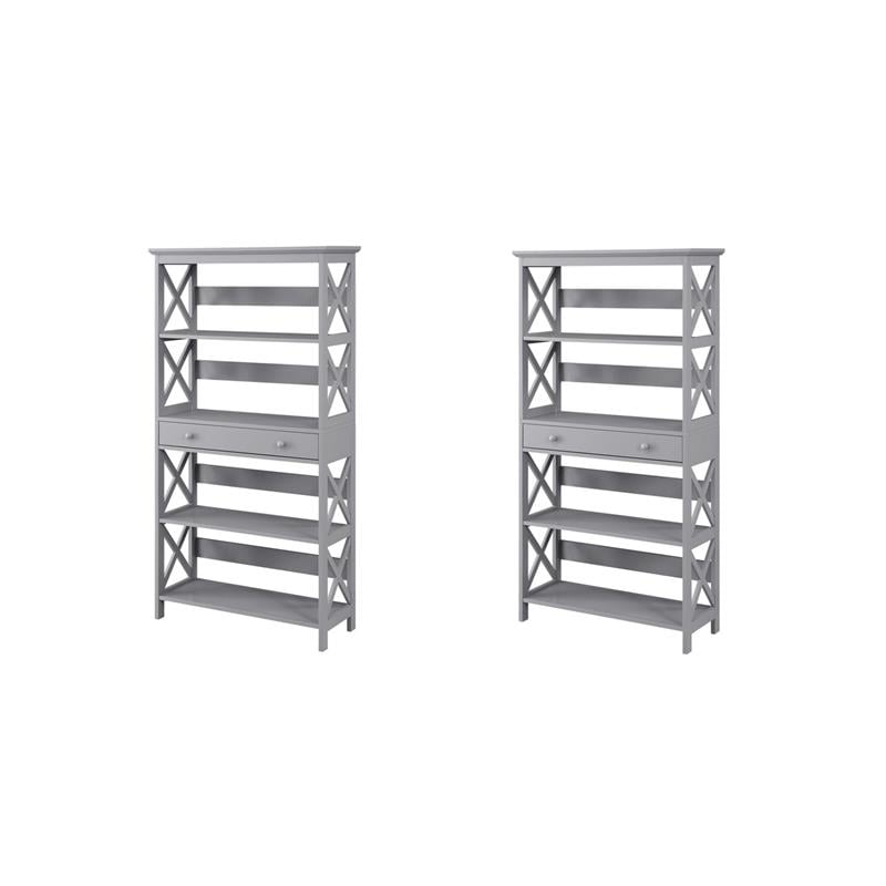 Pemberly Row Set of 2 Five-Tier Bookcases with Drawer in Gray Wood