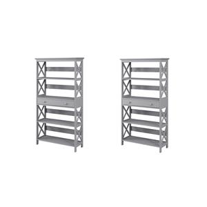 Pemberly Row Set of 2 Five-Tier Bookcases with Drawer in Gray Wood