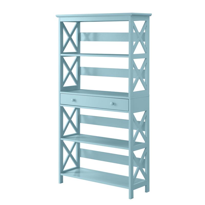 Pemberly Row Set of 2 5 Tier Wood Bookcases with Drawer in Sea Foam