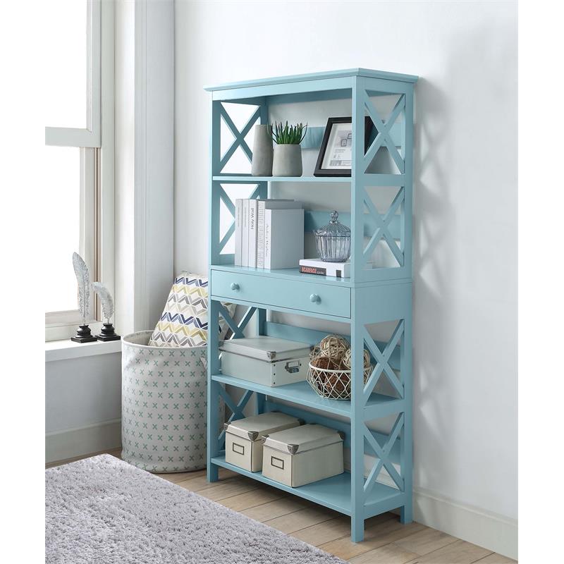 Pemberly Row Set of 2 5 Tier Wood Bookcases with Drawer in Sea Foam