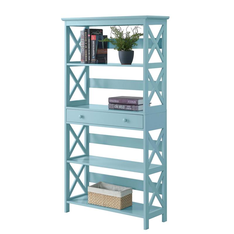 Pemberly Row Set of 2 5 Tier Wood Bookcases with Drawer in Sea Foam