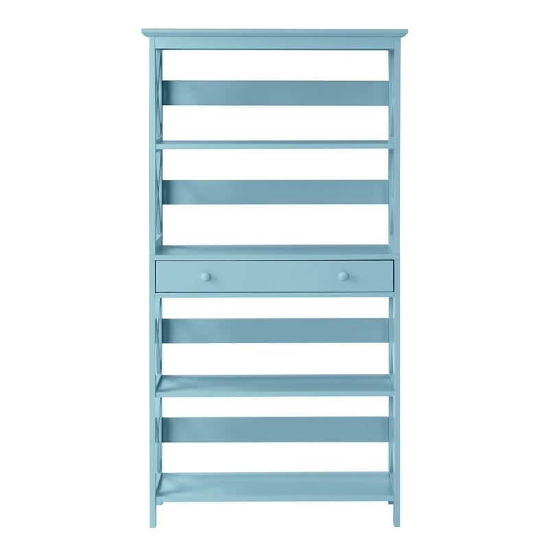 Pemberly Row Set of 2 5 Tier Wood Bookcases with Drawer in Sea Foam