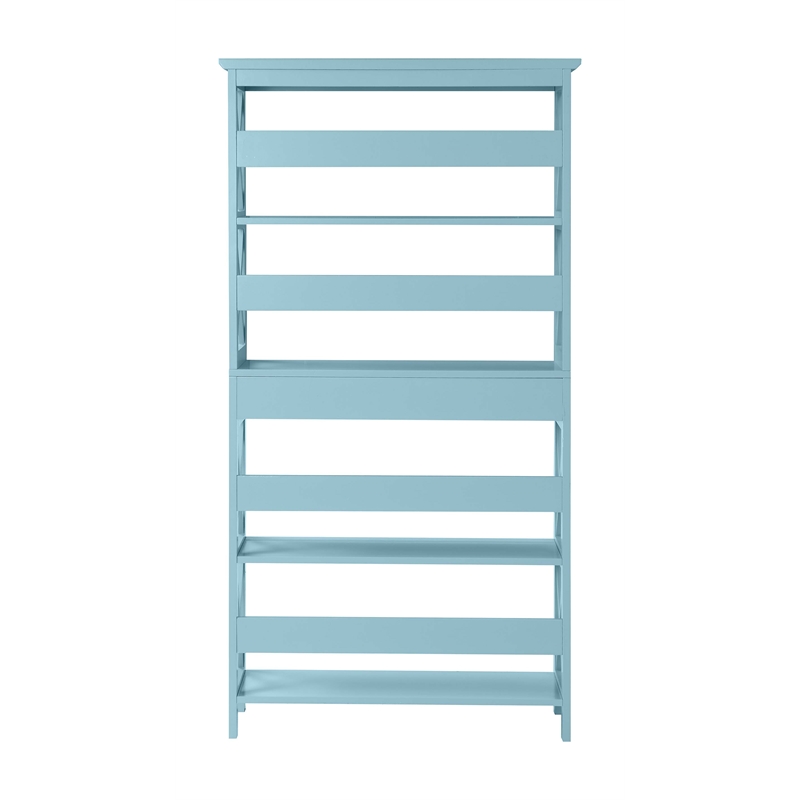 Pemberly Row Set of 2 5 Tier Wood Bookcases with Drawer in Sea Foam