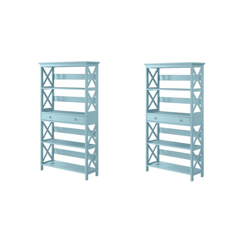Pemberly Row Set of 2 5 Tier Wood Bookcases with Drawer in Sea Foam
