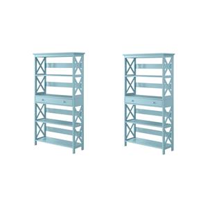 Pemberly Row Set of 2 5 Tier Wood Bookcases with Drawer in Sea Foam