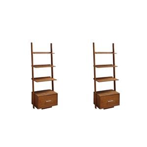 Pemberly Row Set of 2 Contemporary Ladder Bookcases in Caramel Wood