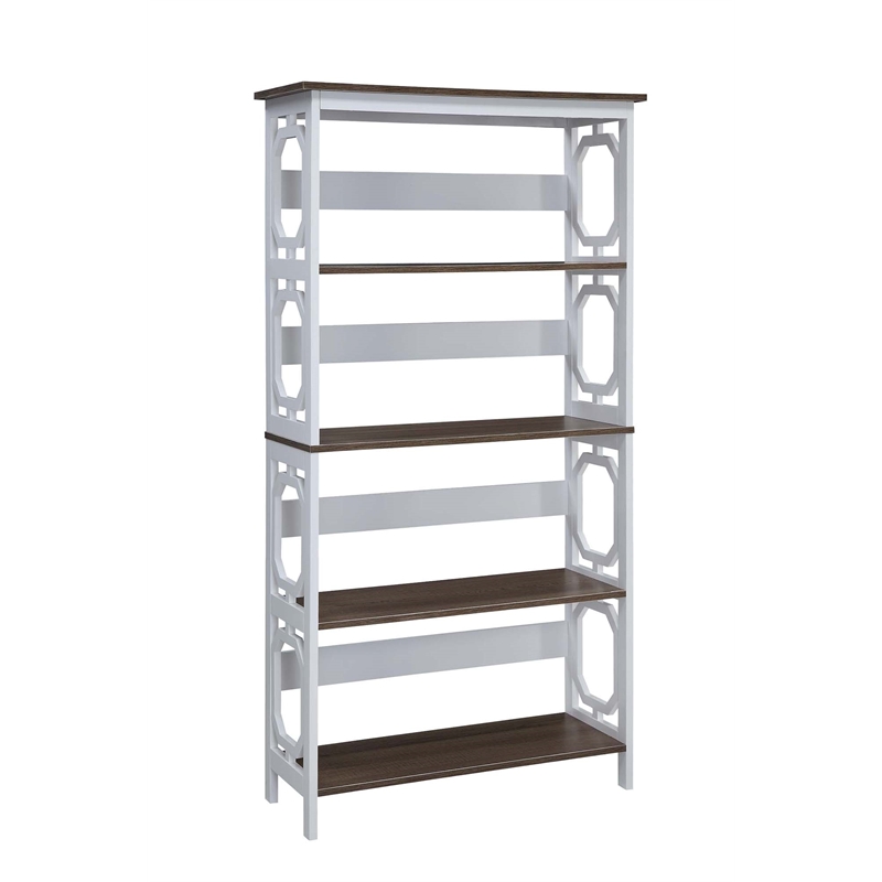 Pemberly Row Set of 2 Five-Tier Bookcases in White and Espresso Wood