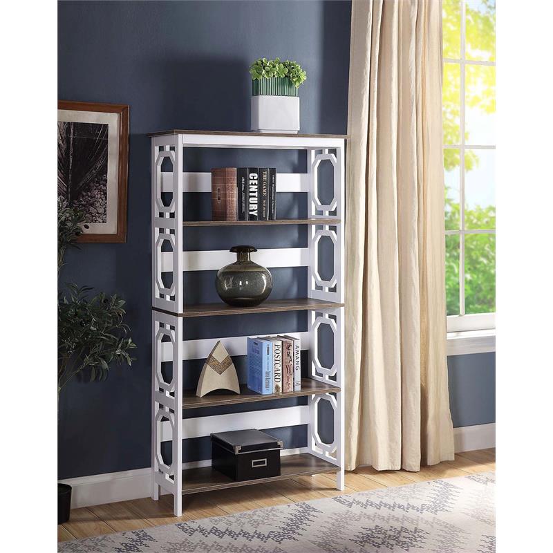Pemberly Row Set of 2 Five-Tier Bookcases in White and Espresso Wood