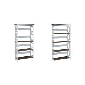 Pemberly Row Set of 2 Five-Tier Bookcases in White and Espresso Wood