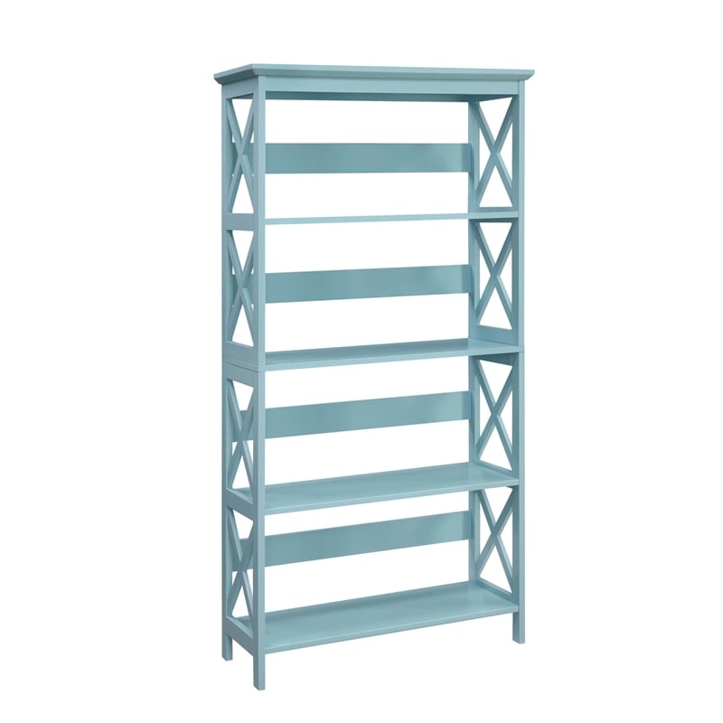 Pemberly Row Set of 2 Five-Tier Bookcases in Seafoam Blue Wood