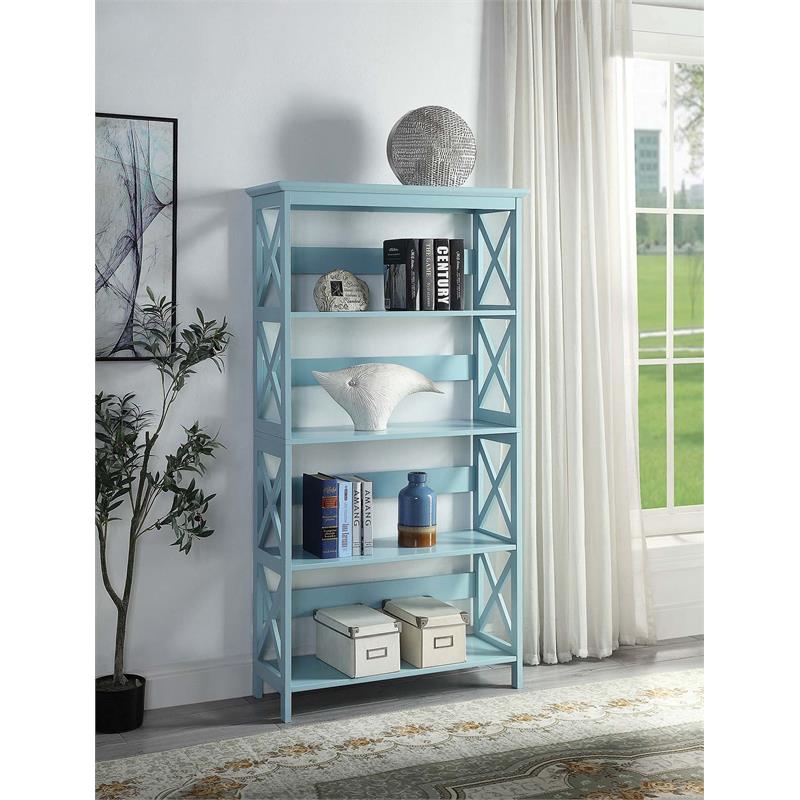Pemberly Row Set of 2 Five-Tier Bookcases in Seafoam Blue Wood