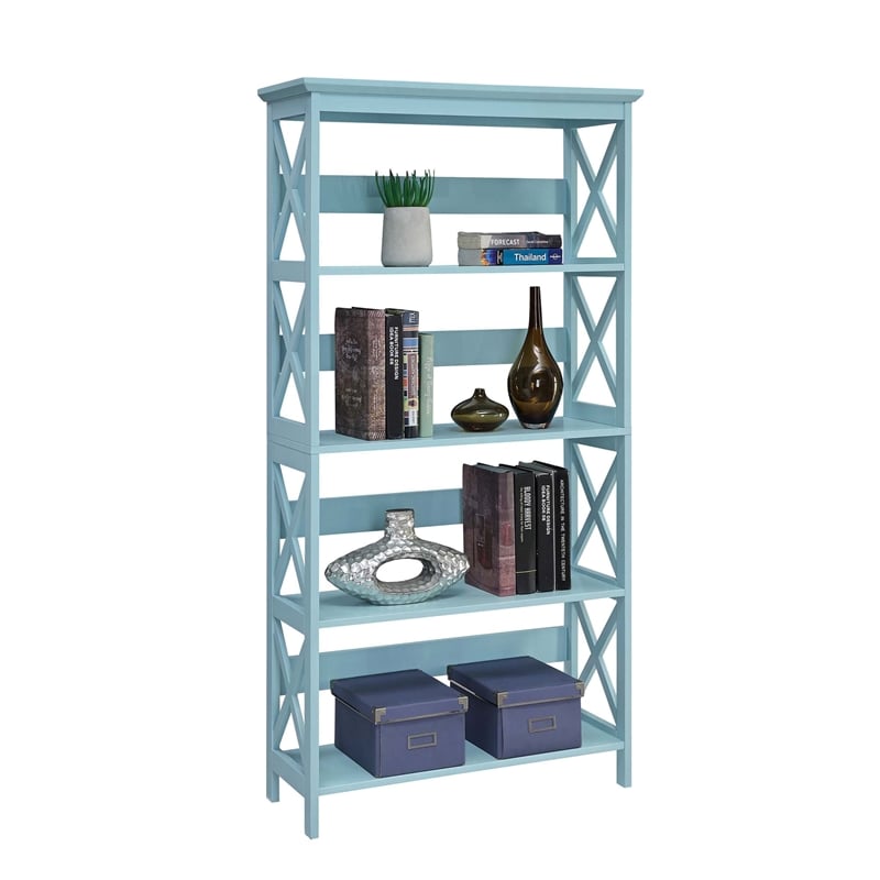 Pemberly Row Set of 2 Five-Tier Bookcases in Seafoam Blue Wood