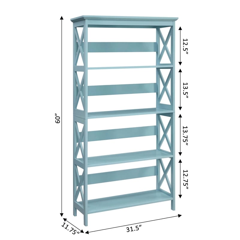 Pemberly Row Set of 2 Five-Tier Bookcases in Seafoam Blue Wood