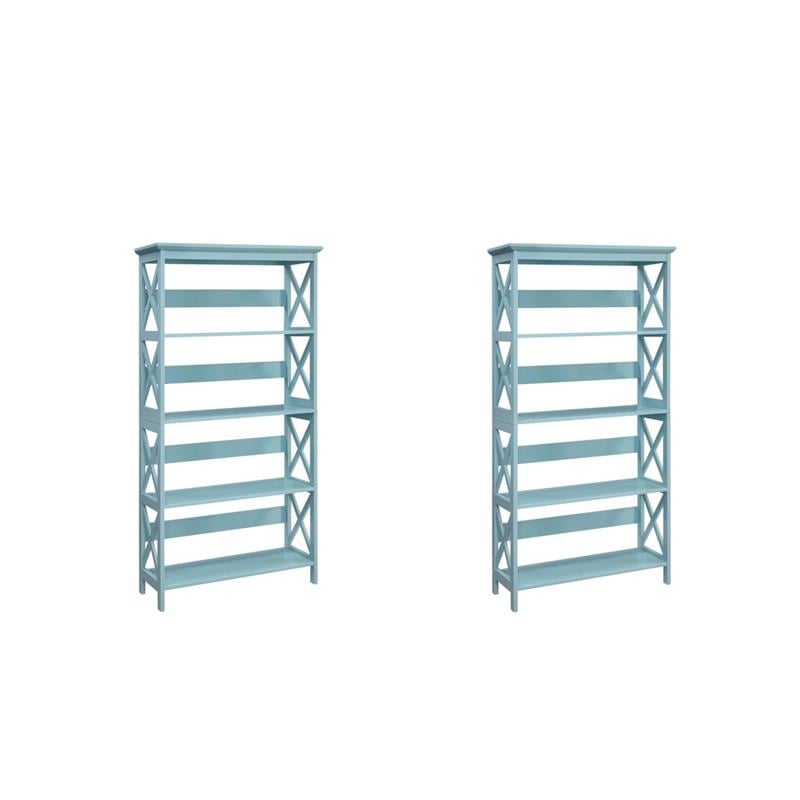 Pemberly Row Set of 2 Five-Tier Bookcases in Seafoam Blue Wood
