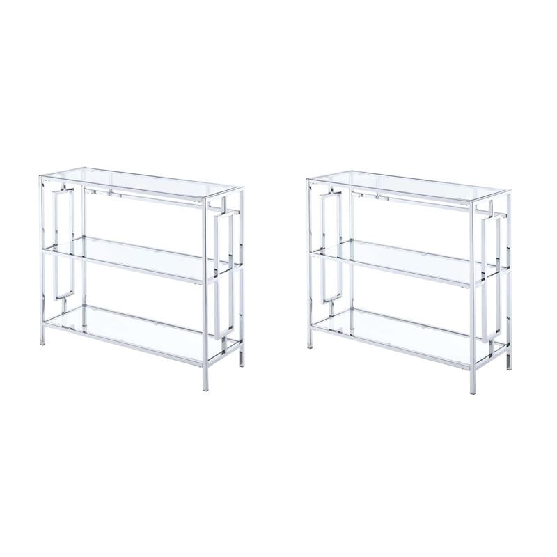 Pemberly Row Set of 2 Three-Tier Bookcases in Clear Glass and Chrome Metal Frame