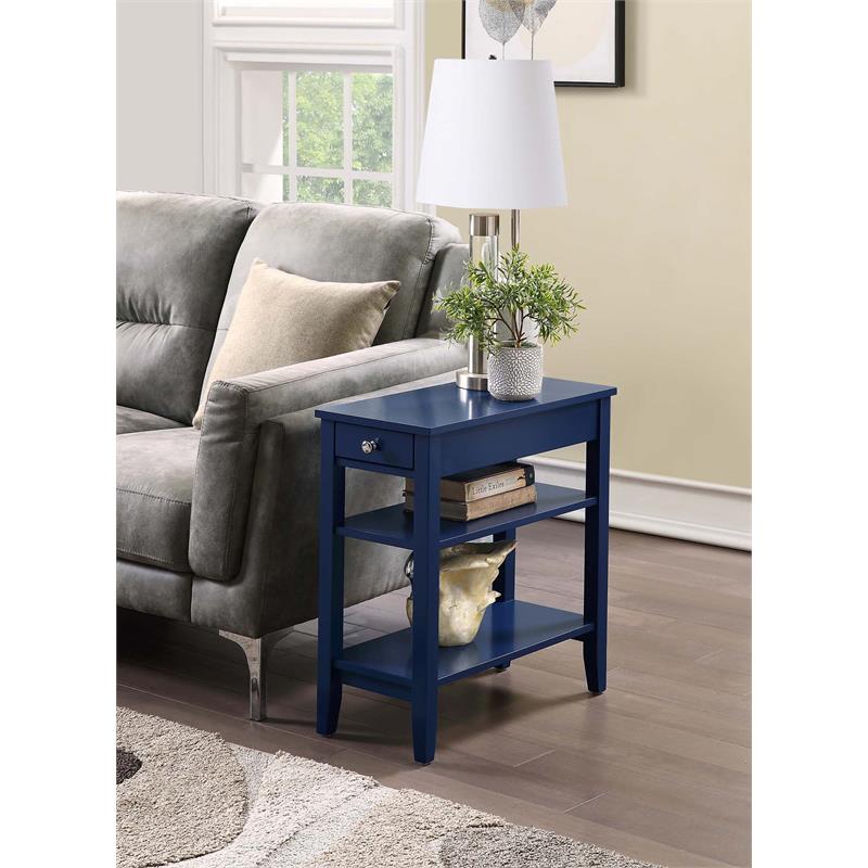 Pemberly Row Set of 2 Three-Tier End Tables With Drawer in Blue Wood