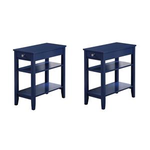 Pemberly Row Set of 2 Three-Tier End Tables With Drawer in Blue Wood